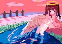 Rule 34 | 1girl, absurdres, angel, barefoot, bikini, blunt bangs, brown eyes, brown hair, cloud, commentary request, evening, feathered wings, fence, full body, grass, halo, highres, idolmaster, idolmaster cinderella girls, long hair, noniha, ogata chieri, outdoors, pink sky, sitting, sky, soaking feet, solo, swimsuit, thighhighs, twintails, water, white bikini, white thighhighs, wings, wooden fence, yellow halo