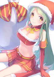 Rule 34 | 1girl, aqua hair, arm support, bandeau, bare shoulders, boots, breasts, christmas, cleavage, elbow gloves, fur boots, gloves, hat, long hair, looking at viewer, midriff, navel, original, red footwear, red gloves, sack, santa boots, santa costume, santa hat, sitting, skirt, smile, solo, stomach, taut clothes, touboku, wariza, yellow eyes