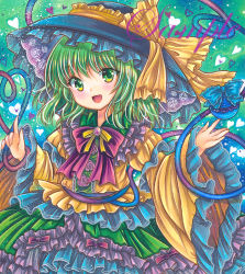 Rule 34 | 1girl, :d, black hat, blouse, bow, bowtie, brooch, cowboy shot, flower ornament, frilled hat, frilled shirt collar, frilled skirt, frills, green background, green eyes, green hair, green skirt, hat, hat ribbon, heart, heart of string, index finger raised, jewelry, komeiji koishi, long sleeves, looking at viewer, marker (medium), medium hair, open mouth, purple bow, purple bowtie, purple brooch, ribbon, rui (sugar3), sample watermark, shirt, skirt, smile, solo, third eye, touhou, traditional media, watermark, wide sleeves, yellow ribbon, yellow shirt