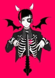 Rule 34 | 1boy, bad id, bad twitter id, black nails, closed mouth, collared shirt, detached horns, detached wings, ear piercing, earrings, eyepatch, fingernails, hands up, highres, horns, jacket, jewelry, long sleeves, looking at viewer, male focus, monochrome, multicolored hair, nail polish, necktie, one eye covered, open clothes, open jacket, original, pale skin, piercing, red background, red theme, ribs, ring, safety pin, samei ikusa, shirt, simple background, skeleton, smile, solo, streaked hair, upper body, wing collar, wings, zipper