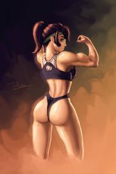 Rule 34 | 1girl, absurdres, ass, breasts, brown eyes, brown hair, cropped legs, daimon akiko, from behind, headband, highres, kyle durand, muscular, short hair, short ponytail, signature, solo, sports bra, taisen hot gimmick, taisen hot gimmick 4ever, thighs, thong