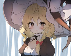 Rule 34 | 1girl, :o, black dress, black hat, black ribbon, blonde hair, blush, bow, braid, breasts, brown eyes, cleavage, commentary request, dress, hair between eyes, hair bow, hat, hat bow, kirisame marisa, looking at viewer, neck ribbon, parted lips, piyokichi, puffy short sleeves, puffy sleeves, rain, red bow, ribbon, short hair, short sleeves, single braid, small breasts, solo, touhou, upper body, white bow