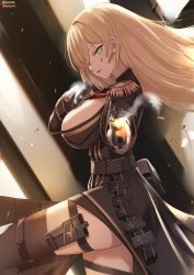 Rule 34 | 1girl, absurdres, aiming, aiming at viewer, black jacket, blonde hair, blood, blood on face, blurry, blurry background, breasts, brown thighhighs, commentary request, depth of field, dual wielding, earrings, epaulettes, from side, gloves, green eyes, gun, hair over one eye, highres, holding, holding gun, holding weapon, jacket, jewelry, large breasts, long hair, long sleeves, looking at viewer, looking to the side, nekoya (liu), original, parted lips, signature, smile, smoke, smoking barrel, solo, standing, standing on one leg, stud earrings, thighhighs, twitter username, very long hair, weapon, white gloves