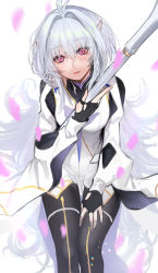 Rule 34 | 1girl, black gloves, black pants, blush, breasts, deras, dress, fate/grand order, fate/grand order arcade, fate/prototype, fate (series), fingerless gloves, gloves, hand on thigh, highres, long hair, long sleeves, looking at viewer, medium breasts, merlin (fate/prototype), merlin (fate/prototype) (second ascension), open mouth, pants, parted lips, petals, pink eyes, smile, solo, staff, thighs, very long hair, white background, white dress, white hair, wide sleeves