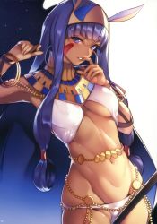 Rule 34 | 1girl, absurdres, animal ears, armpits, between legs, blush, bracelet, breasts, cameltoe, cowboy shot, dark-skinned female, dark skin, earrings, egyptian, egyptian clothes, facial mark, fate/grand order, fate (series), finger to mouth, fingernails, gradient background, grin, groin, hair rings, hairband, highres, hip focus, hoop earrings, jewelry, legs, long hair, looking at viewer, lots of jewelry, matching hair/eyes, medium breasts, nanao (mahaya), navel, nitocris (fate), non-web source, purple eyes, purple hair, rabbit ears, seductive smile, sidelocks, simple background, smile, solo, standing, thighs, thong, toned, very long hair