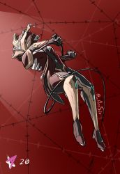 Rule 34 | 1girl, arcafterdark, breasts, colored skin, highres, holding, holding whip, khora (warframe), midair, multicolored skin, red background, signature, simple background, small breasts, solo, warframe