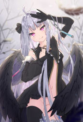 Rule 34 | 1girl, :p, ahoge, angel wings, arms up, black dress, black gloves, black neckwear, black ribbon, black thighhighs, black wings, blurry, blush, braid, breasts, bridal garter, clothing cutout, cowboy shot, depth of field, detached sleeves, dress, elbow gloves, eyes visible through hair, feathered wings, feathers, frilled shirt collar, frills, gloves, hair censor, hair ornament, head tilt, highres, long hair, looking at viewer, midriff, mishuo (misuo69421), navel, navel cutout, no panties, no pants, original, outdoors, pink eyes, revealing clothes, ribbon, side ponytail, sidelocks, silver hair, small breasts, solo, thighhighs, tongue, tongue out, tree, very long hair, wings