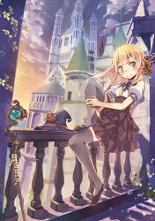 Rule 34 | 1girl, architecture, bad id, bad pixiv id, balcony, black thighhighs, blonde hair, blush, cloud, dress, flower, green eyes, grey thighhighs, hair flower, hair ornament, hat, long hair, original, puffy sleeves, short sleeves, sitting, smile, solo, staff, thighhighs, umeboshitora, witch hat, zettai ryouiki