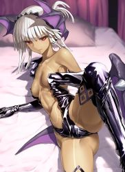 Rule 34 | 10s, 1girl, altera (fate), armpits, ass, bare shoulders, black gloves, black thighhighs, blunt bangs, blurry, boots, breasts, collarbone, cosplay, dark-skinned female, dark skin, depth of field, elbow gloves, fate/extella, fate/extra, fate/grand order, fate (series), foreshortening, gloves, gluteal fold, head wings, indoors, kawanakajima, latex, leg lift, leotard, low wings, lying, morrigan aensland, morrigan aensland (cosplay), navel, on side, red eyes, small breasts, solo, thigh boots, thighhighs, vampire (game), white hair, wings