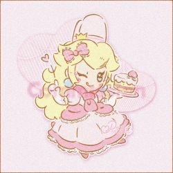 Rule 34 | 1girl, artist name, blonde hair, blue eyes, blush stickers, border, bow, box, cake, chef, closed mouth, commission, crown (symbol), dress, earrings, elbow gloves, eyelashes, flutterinreallife, food, frilled bow, frilled dress, frills, fruit, full body, gloves, hair bow, hands up, heart, heart-shaped box, heart-shaped pupils, heart in eye, holding, holding plate, icing, index finger raised, jewelry, licking lips, long dress, long hair, looking at viewer, mario (series), neckerchief, nintendo, official alternate costume, one eye closed, peach, pink background, pink bow, pink dress, pink footwear, pink neckerchief, plate, princess peach, puffy short sleeves, puffy sleeves, short sleeves, smile, solo, symbol-shaped pupils, symbol in eye, tongue, tongue out, white gloves