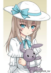 Rule 34 | 10s, 1girl, aged down, arm behind back, beige background, blue eyes, blue ribbon, casual, closed mouth, commentary, dress, flipper, frilled dress, frills, frown, girls und panzer, gradient background, hat, hat ribbon, holding, holding stuffed toy, itsumi erika, long hair, neck ribbon, one-hour drawing challenge, outside border, ribbon, silver hair, solo, stuffed animal, stuffed rabbit, stuffed toy, sun hat, twitter username, white dress, white hat