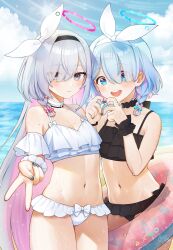 Rule 34 | 2girls, :d, arona (blue archive), bikini, black bikini, black hairband, blue archive, blue hair, blue sky, braid, cloud, day, flat chest, frilled bikini, frills, hairband, halo, heart, heart hands, highres, long hair, looking at viewer, multicolored hair, multiple girls, navel, noixen, ocean, open mouth, outdoors, pink hair, plana (blue archive), short hair, single braid, sky, smile, swimsuit, two-tone hair, very long hair, white bikini, white hair, white hairband