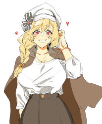 Rule 34 | 1girl, absurdres, alternate breast size, alternate costume, alternate hairstyle, banssee, blonde hair, blush, braid, breasts, collarbone, girls&#039; frontline, grin, highres, large breasts, long hair, nagant revolver (girls&#039; frontline), aged up, red eyes, shirt tucked in, sketch, smile, solo