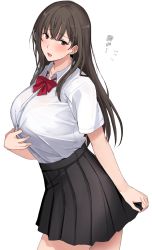 Rule 34 | 1girl, black skirt, blush, bow, bowtie, breasts, brown eyes, brown hair, collared shirt, cowboy shot, hand on own chest, highres, huge breasts, long hair, looking at viewer, mobu, original, pleated skirt, red bow, red bowtie, school uniform, shirt, short sleeves, simple background, skirt, smile, solo, white background, white shirt