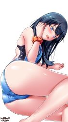 Rule 34 | 10s, 1girl, artist name, ass, black hair, blue eyes, blue one-piece swimsuit, commentary request, competition swimsuit, dated, feet out of frame, gridman universe, highres, long hair, looking at viewer, lying, on side, one-piece swimsuit, orange scrunchie, scrunchie, simple background, skindentation, solo, ssss.gridman, swimsuit, takarada rikka, tsuchimiya, white background, wrist scrunchie