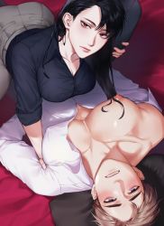 Rule 34 | 1boy, 1girl, all fours, assertive female, between legs, black hair, black shirt, blush, brown hair, covered erect nipples, femdom, girl on top, hand on another&#039;s thigh, highres, large pectorals, long hair, looking at viewer, lying, male focus, muscular, muscular arms, muscular male, muscular uke, nipples, on back, on bed, original, pants, parted lips, partially unbuttoned, pectorals, pectorals, red eyes, saen, shirt, size difference, sleeves rolled up, smaller dominant, tight clothes, tight pants, toned, toned male