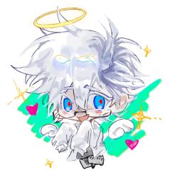 Rule 34 | 1boy, blue eyes, chibi, chibi only, chinese commentary, colored eyelashes, commentary request, detached wings, glasses, grey pants, grey shirt, hair between eyes, halo, heart, highres, kanou aogu, lab coat, long sleeves, male focus, open clothes, open mouth, pants, rectangular eyewear, red pupils, saibou shinkyoku, semi-rimless eyewear, shirt, short hair, sleeves past fingers, sleeves past wrists, smile, solo, sparkle, white hair, wings, zhuixing bu ru hui jia zhongdi