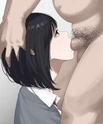 Rule 34 | 1boy, 1girl, black hair, censored, clothed female nude male, clothed sex, collared shirt, drooling, erection, face, fat, fat man, fellatio, from side, grey background, hand on another&#039;s head, hetero, irrumatio, kaminari doon, male focus, medium hair, mosaic censoring, nude, oral, original, penis, red neckwear, saliva, school uniform, shirt, short hair, simple background, white shirt