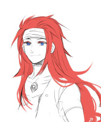 Rule 34 | 00s, 1boy, bare shoulders, blue eyes, headband, long hair, male focus, monochrome, red hair, smile, solo, spot color, tales of (series), tales of symphonia, upper body, white background, zelos wilder