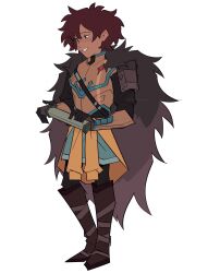 Rule 34 | 1girl, absurdres, amphibia, anne boonchuy, armor, black pantyhose, boots, breastplate, brown eyes, brown hair, cape, clothes around waist, dark skin, full body, fur cape, gloves, highres, jacket, jacket around waist, long sleeves, pantyhose, shimmyoh, skirt, smile, somederos, standing, teeth, white background