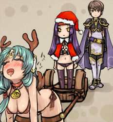 Rule 34 | 3girls, all fours, antlers, armor, bell, bikini, blue eyes, boots, breasts, brown hair, cape, christmas, cleavage, closed eyes, collar, fire emblem, fire emblem: radiant dawn, gloves, green hair, hanging breasts, hat, headband, horns, large breasts, long hair, low-tied long hair, mo (deciliter), multiple girls, neck bell, nintendo, open mouth, pauldrons, pet play, purple hair, reindeer antlers, riding crop, sanaki kirsch altina, santa hat, short hair, shoulder armor, side-tie bikini bottom, sigrun (fire emblem), sleigh, swimsuit, tail, tanith (fire emblem), thigh boots, thighhighs, yellow eyes
