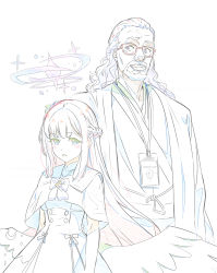 Rule 34 | 1boy, 1girl, beard, blue archive, commentary request, crossover, facial hair, glasses, halo, highres, id card, japanese clothes, long hair, looking at viewer, lycoris recoil, mika (blue archive), mika (lycoris recoil), name connection, school uniform, shikiama, simple background, white background, wings