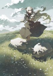 Rule 34 | 1girl, animal, animal ears, bare legs, black dress, blue eyes, blush, closed mouth, cloud, cloudy sky, dress, field, flower, grass, highres, holding, holding animal, horns, light blush, long dress, long hair, looking at viewer, original, potg (piotegu), sheep, sheep ears, sheep girl, sheep horns, short sleeves, sky, solo, standing, white flower, white hair