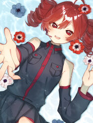 Rule 34 | 1girl, :d, anemone (flower), bare shoulders, blush, detached sleeves, drill hair, flower, godouyu (neisukun), hair between eyes, highres, kasane teto, lying, on back, open mouth, partially submerged, pleated skirt, pocket, reaching, reaching towards viewer, red eyes, red hair, shirt, skirt, sleeveless, sleeveless shirt, smile, solo, twin drills, utau, water