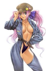 Rule 34 | 1girl, belt, black panties, breasts, c66, cabbie hat, center opening, cleavage, coveralls, duplicate, hair ribbon, hand on own hip, hat, hat tip, hip focus, homare (fool&#039;s art), jumpsuit, large breasts, long hair, navel, no bra, open clothes, open shirt, original, panties, pin, purple eyes, purple hair, purple panties, ribbon, shirt, shizune (homare), smiley face, solo, twintails, underwear, very long hair