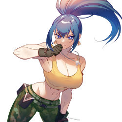 Rule 34 | 1girl, bare shoulders, blue eyes, blue hair, breasts, camouflage, camouflage pants, cleavage, closed mouth, dog tags, earrings, gloves, hand on leg, highres, jewelry, large breasts, leona heidern, long hair, otoseto, pants, pocket, ponytail, serious, simple background, sleeveless, solo, tank top, the king of fighters, the king of fighters xiv, the king of fighters xv, triangle earrings, white background, yellow tank top