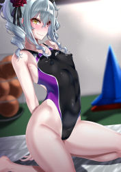 Rule 34 | 1girl, andou you, arms behind back, ball, blurry, competition swimsuit, covered erect nipples, depth of field, drill hair, dutch angle, fang, flat chest, long hair, mat, one-piece swimsuit, original, silver hair, skin fang, solo, swimsuit, traffic cone, twin drills, twintails, wavy mouth, yellow eyes