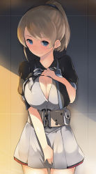 Rule 34 | 1girl, against wall, belt, belt pouch, between legs, black jacket, blue eyes, blush, breasts, brown hair, cleavage, closed mouth, clothes lift, cowboy shot, cropped jacket, dress, grey dress, hand between legs, hand on own chest, intrepid (kancolle), jacket, kantai collection, large breasts, lifted by self, light, looking at viewer, naik, nose blush, ponytail, pouch, puffy short sleeves, puffy sleeves, seductive smile, short sleeves, smile, solo, standing, tareme, wall