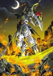 Rule 34 | absurdres, beam scythe, clenched hands, cloud, crescent moon, energy weapon, fire, gundam, gundam deathscythe hell, gundam wing, highres, holding, holding scythe, leo (mobile suit), looking up, mecha, mobile suit, moon, night, night sky, niidan, robot, science fiction, scythe, shield, sky, solo, standing, wreckage