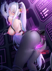 Rule 34 | 1girl, absurdres, animal ears, arms up, ass, azur lane, bare shoulders, black gloves, black pantyhose, blue hair, bound, bound wrists, breasts, cat ears, cat girl, cat tail, chinese commentary, detached sleeves, framed breasts, from behind, gloves, hair between eyes, hair ornament, highres, holographic interface, kearsarge (all night charge) (azur lane), kearsarge (azur lane), large breasts, leotard, long hair, looking at viewer, looking back, mechanical ears, mechanical spine, mixed-language commentary, nipple injection, nipple stimulation, nipples, object insertion, official alternate costume, orchery, pantyhose, playboy bunny, ponytail, purple eyes, restrained, rolling eyes, sex machine, sign, solo, star (symbol), star hair ornament, tail, tentacles, thong leotard, two-tone leotard, vaginal, vaginal object insertion, very long hair, warning sign, white hair, white leotard