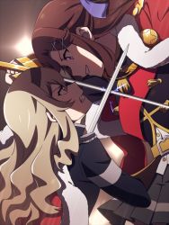Rule 34 | 10s, 2girls, blonde hair, bow, brown hair, eye contact, from side, hair ornament, holding, holding sword, holding weapon, jacket, long hair, looking at another, multiple girls, open mouth, pleated skirt, saijou claudine, shoujo kageki revue starlight, skirt, smile, sword, tendou maya, un403lucky, weapon