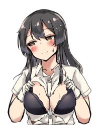 Rule 34 | 1girl, between breasts, black bra, black hair, bra, breasts, brown eyes, dress shirt, gloves, hair ornament, hairclip, highres, kantai collection, looking to the side, medium breasts, oyashio (kancolle), shirt, short sleeves, simple background, solo, torn clothes, underwear, upper body, wasumi kei, white background, white gloves, white shirt