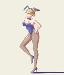 Rule 34 | 1girl, absurdres, alternate costume, animal ears, bare shoulders, blonde hair, blue leotard, breasts, brown eyes, closed mouth, commentary, detached collar, english commentary, fake animal ears, folded ponytail, fullmetal alchemist, hands on own hips, high heels, highres, leotard, looking at viewer, medium breasts, pantyhose, pixelchris1, playboy bunny, rabbit ears, riza hawkeye, solo, standing, standing on one leg, strapless, strapless leotard, updo, wrist cuffs