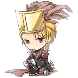Rule 34 | 1boy, arm blade, armor, armored boots, black bodysuit, blonde hair, bodysuit, boots, brown eyes, brown feathers, cape, chibi, cigarette, closed mouth, commentary request, crown, feather hair ornament, feathers, full body, gauntlets, guillotine cross (ragnarok online), hair ornament, looking at viewer, male focus, natsuya (kuttuki), pauldrons, ragnarok online, red armor, red cape, short hair, shoulder armor, simple background, sitting, solo, waist cape, weapon, white background