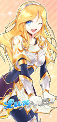 Rule 34 | 1girl, ;d, blonde hair, blue eyes, character name, gloves, hairband, joypyonn, league of legends, long hair, lux (league of legends), one eye closed, open mouth, smile, solo, staff, white gloves