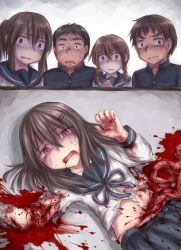 Rule 34 | 2boys, 2koma, 3girls, aosora (mizore), black shirt, blood, blood on clothes, blood on hands, blouse, braid, comic, commentary request, dying, guro, hair between eyes, highres, intestines, long hair, long sleeves, looking at viewer, multiple boys, multiple girls, open mouth, original, school uniform, serafuku, shirt, short hair, thick eyebrows, torn clothes, torn shirt, twin braids, white shirt