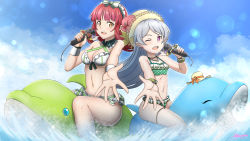 Rule 34 | 2girls, :d, ;d, bikini, blue flower, blunt bangs, bracelet, breasts, cleavage, floating hair, flower, frilled bikini, frills, green bikini, highres, holding, holding microphone, jewelry, lens flare, long hair, looking at viewer, medium breasts, microphone, multiple girls, music, mysteryctu, one eye closed, open mouth, outstretched hand, pointy ears, polka dot, polka dot bikini, purple eyes, rain (sao), red hair, seven (sao), silver hair, singing, smile, straight hair, swimsuit, sword art online, white bikini, wrist cuffs, yellow eyes