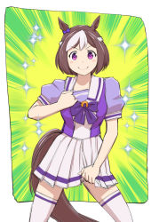 Rule 34 | 1girl, animal ears, blouse, blush stickers, braid, brown hair, emphasis lines, french braid, giorno giovanna, giorno giovanna&#039;s pose (jojo), highres, horse ears, horse girl, horse tail, jojo no kimyou na bouken, jojo pose, looking at viewer, multicolored hair, parody, pleated skirt, puffy short sleeves, puffy sleeves, purple eyes, purple shirt, school uniform, serafuku, shirt, short hair, short sleeves, skirt, smile, solo, sparkle, special week (umamusume), streaked hair, tail, thighhighs, ueyama michirou, umamusume, vento aureo, white thighhighs, zettai ryouiki
