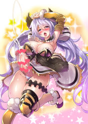 Rule 34 | 1girl, armored boots, armpits, arms up, blush, boots, breasts, c.r., capelet, censored, cum, dress, ejaculation, erection, futanari, granblue fantasy, hair between eyes, hair ribbon, heart, heart censor, large breasts, long hair, looking at viewer, low twintails, no testicles, one eye closed, open mouth, panties, penis, purple eyes, purple hair, ribbon, saliva, saliva trail, satyr (granblue fantasy), solo, star (symbol), sweat, thigh strap, thighs, tongue, tongue out, twintails, underwear, veins, veiny penis, very long hair