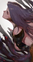 Rule 34 | absurdres, armor, breasts, cleavage, fate/grand order, fate (series), snake hair, gorgon (fate), highres, ibuo (ibukht1015), large breasts, medusa (fate), medusa (rider) (fate), purple eyes, purple hair, rider, scales, simple background, snake