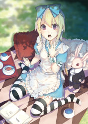 Rule 34 | 1girl, alice (alice in wonderland), alice in wonderland, apron, arm support, blonde hair, bow, dress, from above, hair bow, highres, la-na, long hair, looking at viewer, looking up, pocket watch, purple eyes, rabbit, sitting, solo, striped clothes, striped thighhighs, thighhighs, wariza, watch, white rabbit (alice in wonderland)