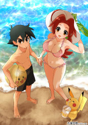 Rule 34 | 1boy, 1girl, :d, ahoge, alternate costume, ash ketchum, ball, bare arms, barefoot, beachball, bikini, black hair, black male swimwear, black swim trunks, blush, breasts, brown eyes, brown hair, character print, cleavage, coffee-break, collarbone, commentary request, covered erect nipples, creatures (company), cup, delia ketchum, drinking, drinking straw, eyelashes, frilled bikini, frills, from above, game freak, gen 1 pokemon, green ribbon, hair between eyes, hat, hat ribbon, highres, holding hands, large breasts, long hair, looking at viewer, looking up, male swimwear, mother and son, navel, nintendo, open mouth, pikachu, pink bikini, pokemon, pokemon (anime), pokemon (creature), ribbon, sand, shore, short hair, smile, standing, swim trunks, swimsuit, toes, tongue, topless male, water, white headwear