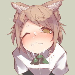Rule 34 | 1girl, after fellatio, animal ears, blush, bow, bowtie, cat ears, cat girl, closed mouth, collared shirt, cum, cum in mouth, cum string, facial, female focus, flat chest, green background, green bow, green bowtie, half-closed eye, heart, highres, japanese text, kantai collection, layered sleeves, leaning forward, long sleeves, michishio (kancolle), nose blush, one eye closed, portrait, shirt, short over long sleeves, short sleeves, sidelocks, simple background, solo, translation request, tsuzuri (tu-san house), upper body, wavy mouth, white shirt, wince, yellow eyes