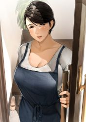 Rule 34 | 1girl, apron, black eyes, black hair, blush, breasts, cleavage, collarbone, commentary request, highres, large breasts, lips, looking at viewer, mature female, open door, original, ornate ring, parted lips, ring, sakura no tomoru hi e, scoop neck, shirt, short hair, solo, upper body, white shirt