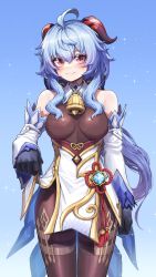 Rule 34 | 1girl, absurdres, ahoge, bare shoulders, bell, black gloves, black pantyhose, blue hair, blush, bow, breasts, chinese knot, clothing cutout, covered navel, detached sleeves, flower knot, ganyu (genshin impact), genshin impact, gloves, gold trim, highres, horns, kokukyukeo, lifted by self, long hair, looking at viewer, medium breasts, multicolored eyes, neck bell, pantyhose, red rope, rope, sidelocks, smile, solo, standing, tassel, thighlet, thighs, vision (genshin impact), waist cape, white sleeves