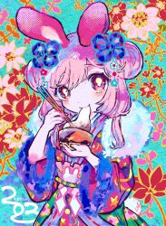 Rule 34 | 1girl, animal ears, blue flower, bowl, bright pupils, chopsticks, closed mouth, commentary, cowboy shot, double bun, eating, english commentary, floral background, flower, food, fur scarf, hair between eyes, hair bun, hair flower, hair ornament, hands up, highres, holding, holding bowl, holding chopsticks, japanese clothes, kiato, kimono, long sleeves, looking at viewer, mochi, multicolored clothes, multicolored kimono, new year, original, rabbit ears, red flower, signature, solo, standing, white pupils, wide sleeves